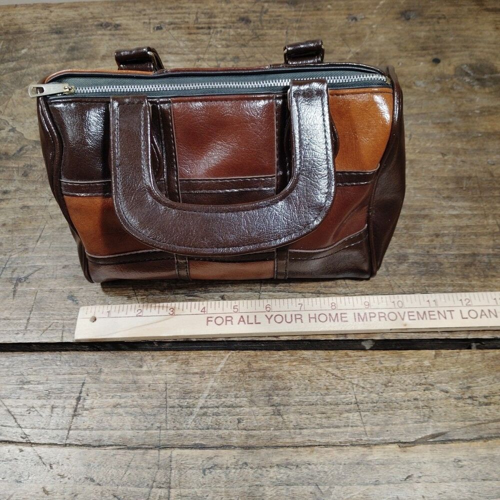 Vintage Sirco Corporation Brown Purse Satchel Bag MCM 1970's Patchwork Square - Picture 7 of 14